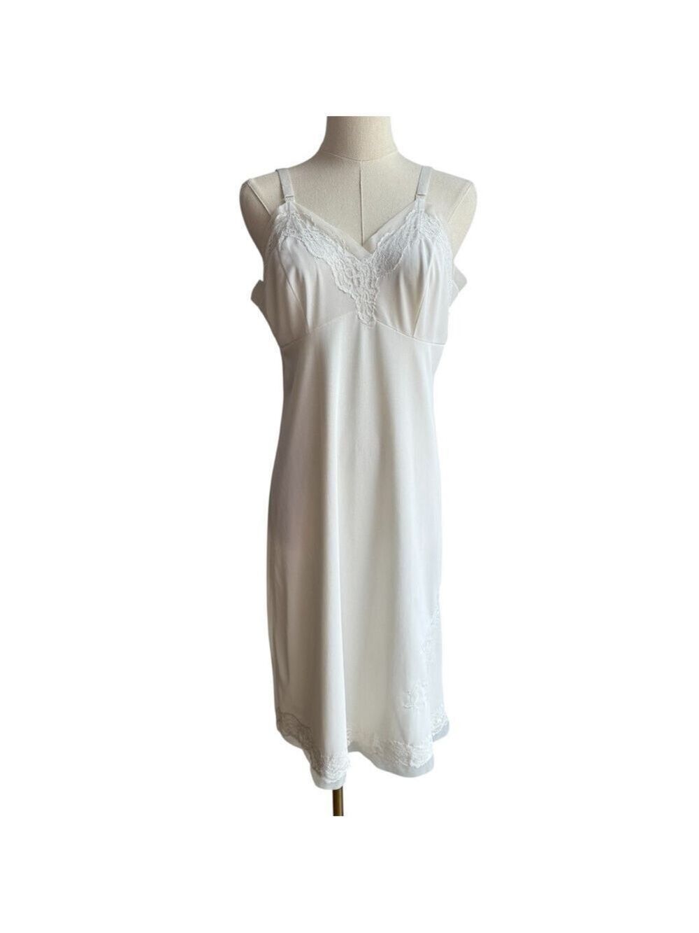 Vintage 50s 60s Nylon Slip Womens M Off White Nightie Nightgown Bridal Lace Trim